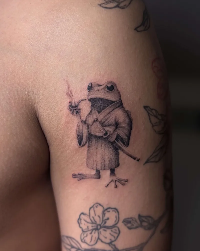 Samurai frog with pipe